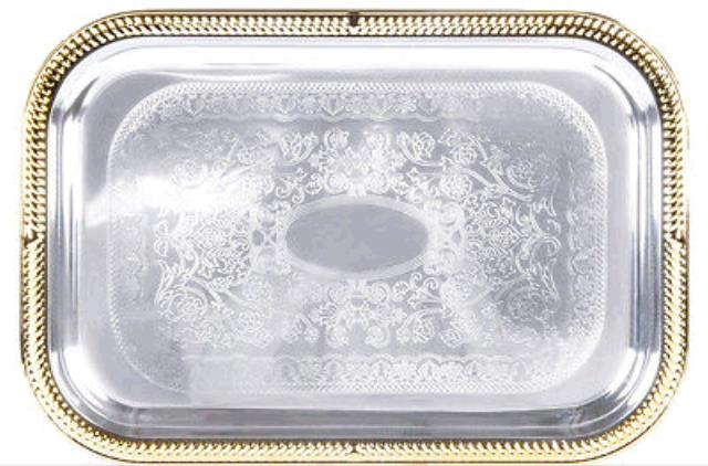 Rental store for 12 inch x 18 inch sq silver and gold tray in STOREAREA2